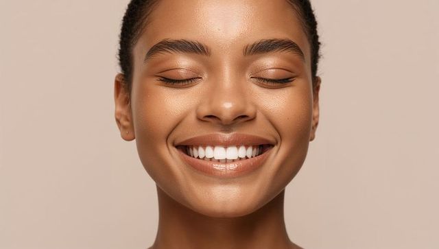 Radiant closeup portrait of smiling young woman with glowing skin and natural makeup