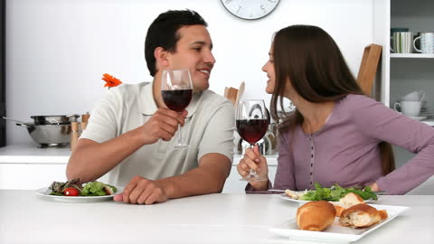 Romantic Dinner at Home with Wine and Salad
