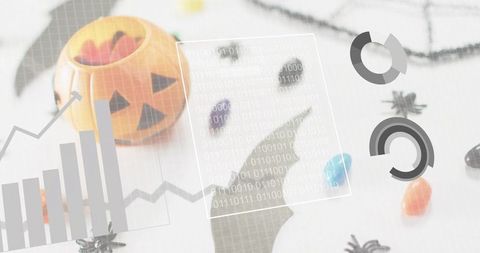 Halloween flatlay with jack-o-lantern bucket, bat silhouette, candy and tech overlays