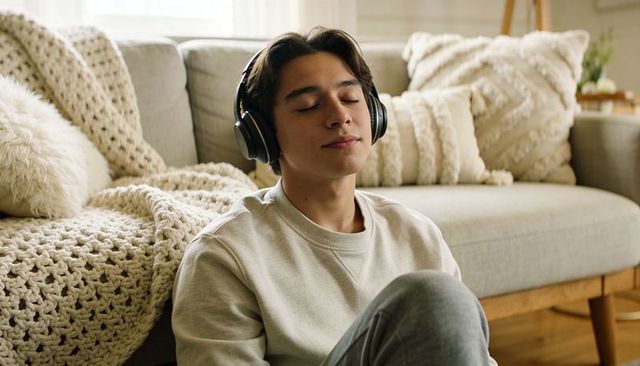 Teen listening to music with headphones leaning against cozy sofa in calm living room