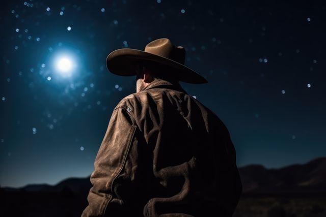 A lone cowboy stands in the outdoors under a starry night sky with a bright full moon. His attention is directed at the moon, emphasizing the serene and contemplative moment. Perfect for themes involving adventure, solitude, western lifestyle, or nighttime tranquility.