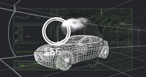 Futuristic 3D Wireframe Car Model with Rotating HUD