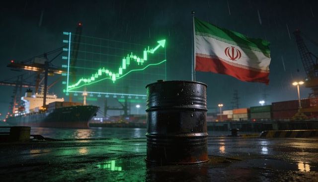 Rusty oil barrel on wet dock with iranian flag and rising green oil market chart at night