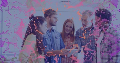 Diverse Team Collaborating on Tablet with Digital Overlay Lens