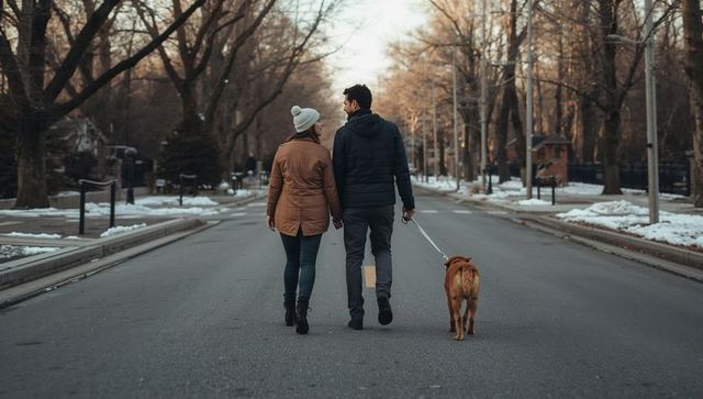 Couple walking dog holding hands on snow-lined neighborhood street at golden hour