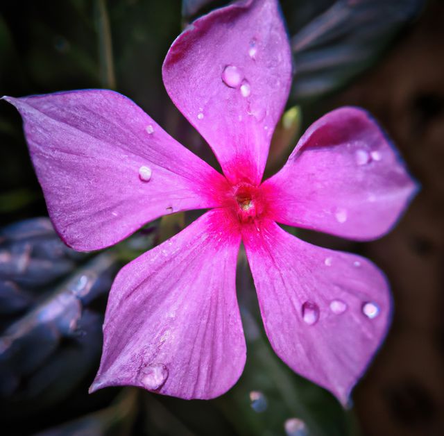 Close-up view of a vibrant pink periwinkle flower adorned with water droplets against green foliage. Perfect for use in gardening blogs, nature-themed presentations, floral greeting cards, and home decor designs providing a fresh and vibrant feel.