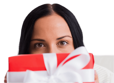 Brunette Woman Surprising with Gift Holding Significant Symbolism in Transparent Area