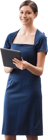Confident Businesswoman in Navy Dress Holding Tablet on Transparent Background