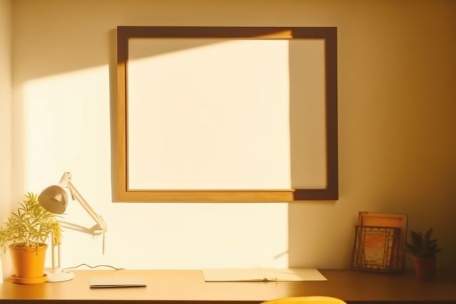 Empty wooden frame with copy space in office on yellow wall, created using generative ai technology. Office, workplace and interior design concept digitally generated image.