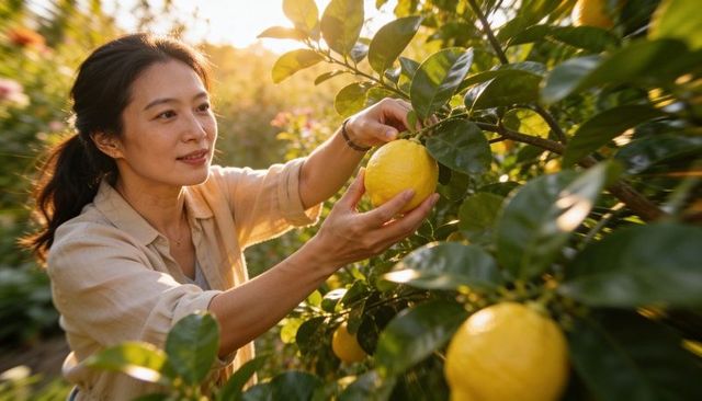 Gardener harvesting large pomelo in golden backlit orchard at sunset, closeup citrus