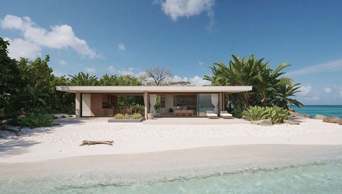 Minimalist beachfront pavilion on white sand with glass doors, sheer curtains and turquoise ocean