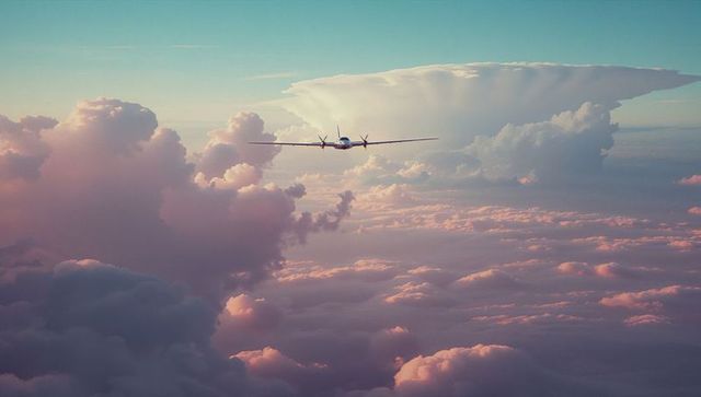 Propeller Airplane Gliding Through Pastel Cloudscape at Dusk