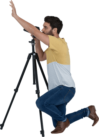 transparent side view photographer gesturing with camera tripod - Download Free Stock Videos Pikwizard.com