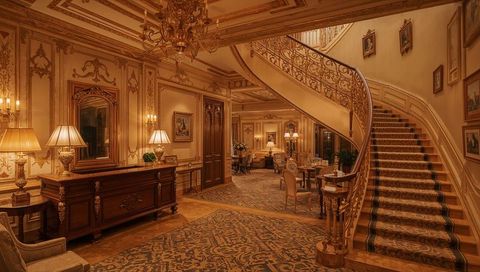 Grand hotel foyer featuring curved staircase, ornate banister, marble console and chandelier