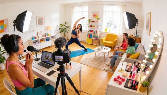 Fitness influencer livestreaming home workout with lead instructor stretching and filming