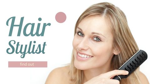 smiling woman brushing hair for salon marketing campaign - Download Free Stock Templates Pikwizard.com