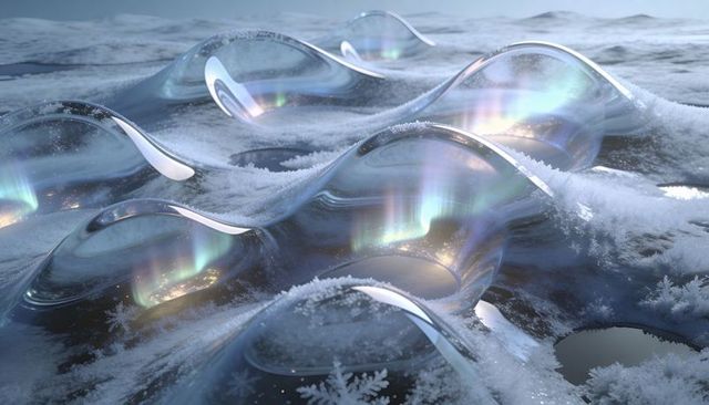 Iridescent glass domes rising on frozen plain with aurora glow and luminescent pools