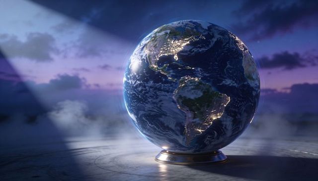 Cinematic earth globe rotating on pedestal with city lights and spotlights at twilight