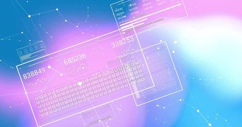 Holographic keyboard and data panels glowing on purple-pink gradient for ui concepts