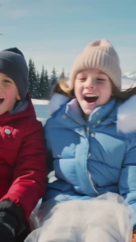 Vertical video siblings sledding down snowy alpine slope laughing, enjoying winter adventure