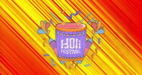 Holi festival drum and pichkaris splashing color with confetti and ribbons