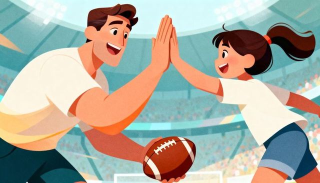 High-fiving man and girl celebrating touchdown in stadium holding american football