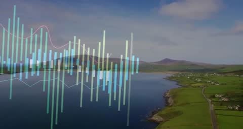 Animated Graphical Display Over Scenic Coastal Farmland Landscape