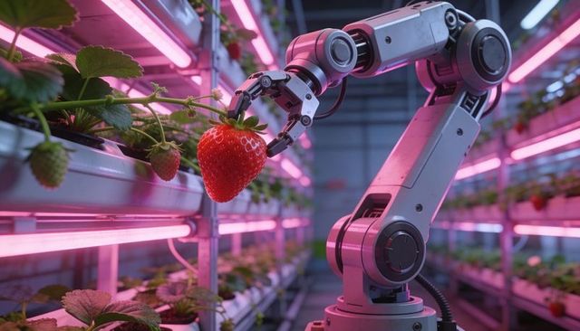Robotic arm harvesting ripe strawberry in vertical hydroponic farm under pink led lights