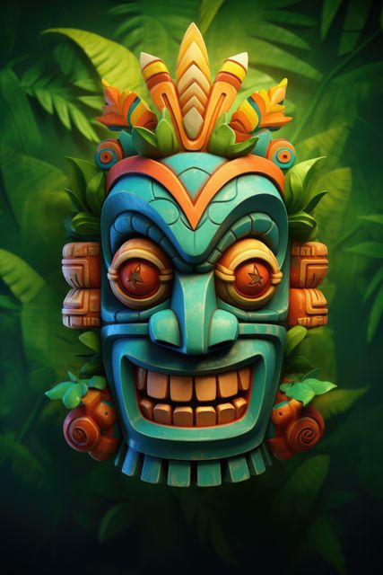 3D Aztec mask creates dynamic visual with vibrant colors, intricate patterns. Surrounded by tropical leaves, this composition brands event materials, decorations, cultural displays, creative projects, and educational resources on ancient cultures.