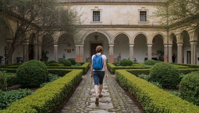 Solo traveler walking through historic cloister courtyard with trimmed hedges and arches