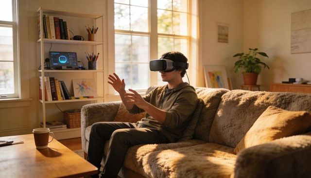 Young man wearing vr headset interacting on sofa in sunlit living room