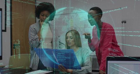 Diverse business team analyzing digital global data visualization