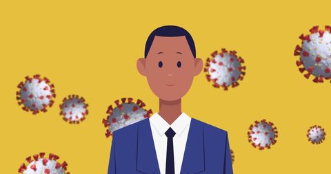 Man in suit amidst coronavirus illustrations on yellow background