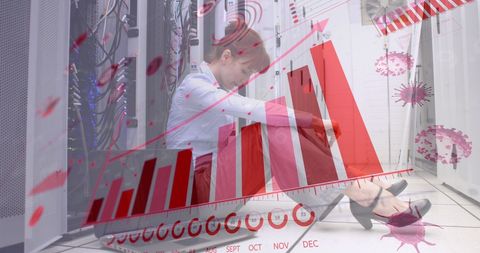 Stressed female worker in data center with overwhelming digital graphics