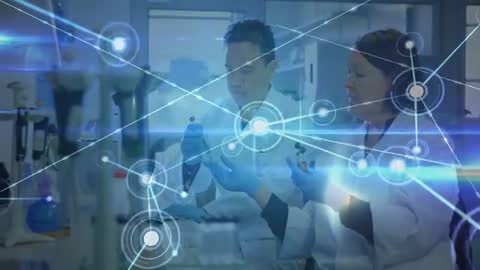 Scientists Analyzing Data with Digital Network Overlay