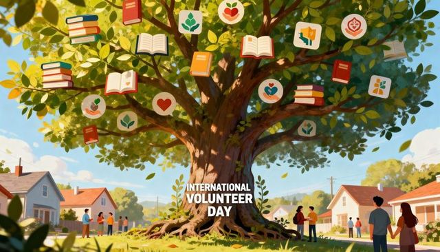 Community volunteering under giant book tree celebrating international volunteer day
