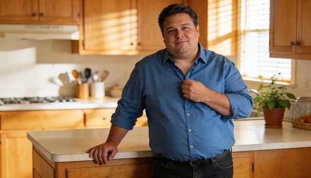 Leaning middle-aged man smiling in sunlit kitchen wearing blue shirt and dark jeans