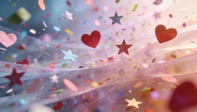 Floating confetti hearts and stars drifting over soft pastel bokeh backdrop