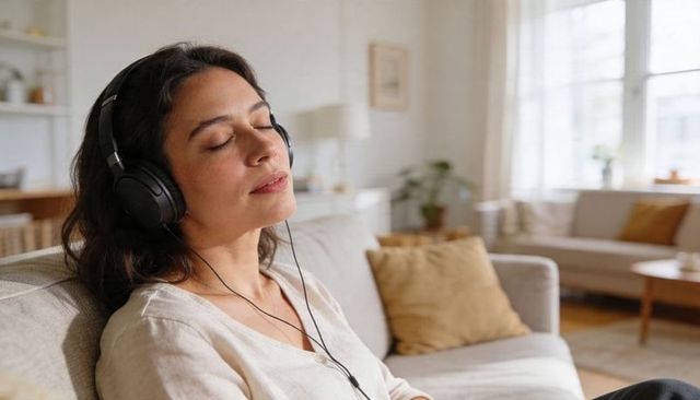 Woman relaxing on sofa listening to music with headphones in bright minimal living room