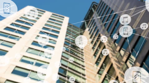 Modern Office Buildings with Digital Technology Network Interface