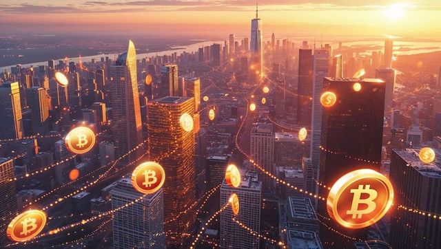 Futuristic Bitcoin Cryptocurrency Network Over Cityscape at Sunset