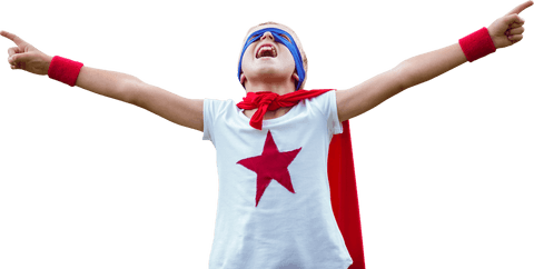 Joyful Boy Pretending to Be Superhero with Transparent Background