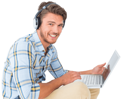 Smiling Caucasian Man with Headphones Using Laptop on Transparent Background - Download Free Stock Videos Pikwizard.com