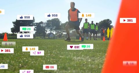 Male Athlete Lunging During Soccer Drill with Social Media Engagement Graphics