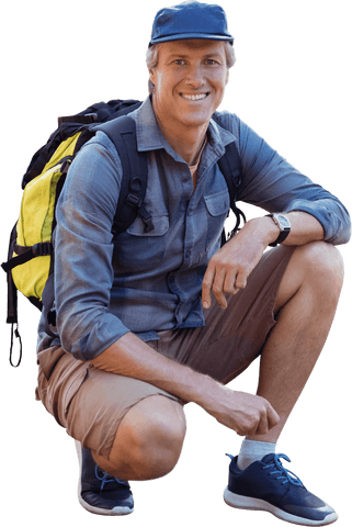 transparent crouching hiker with backpack smiling outdoors - Download Free Stock Videos Pikwizard.com