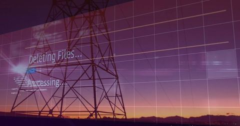 Transmission tower against futuristic digital grid at dusk