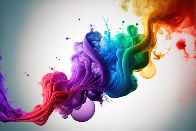 Vivid rainbow colors blending fluidly, creating artistic swirls in water. Use in design projects, backgrounds, posters, or advertisements conveying creativity, artistic expression, and fluidity. Perfect for abstract art enthusiasts.