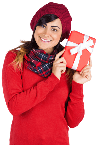 smiling woman holding gift wearing red knit hat and scarf on transparent background - Download Free Stock Videos Pikwizard.com