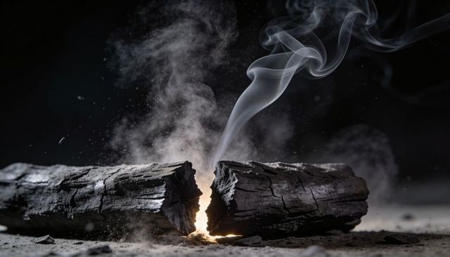 Smoldering split charred logs emitting curling smoke and glowing ember macro texture