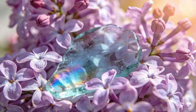 Aqua glass shard resting on lilac blossoms catching sunlight and iridescent rainbow dew